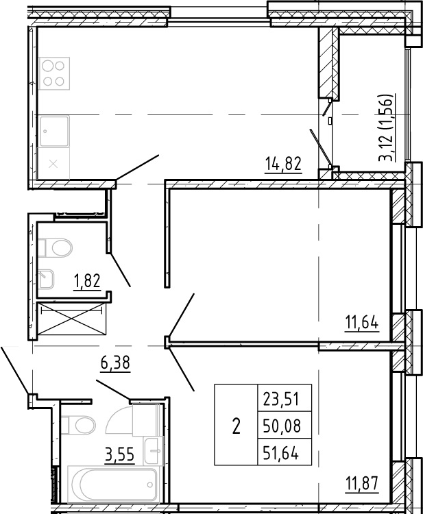 2-комнатная квартира 50.08 м², 5/12 эт., ЖК «Полис Новоселье»